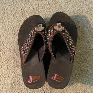 Justin Cowgirl Platform Cowhide Bling Cross Flip Flop Sandals 6 Brown Pink Wedge